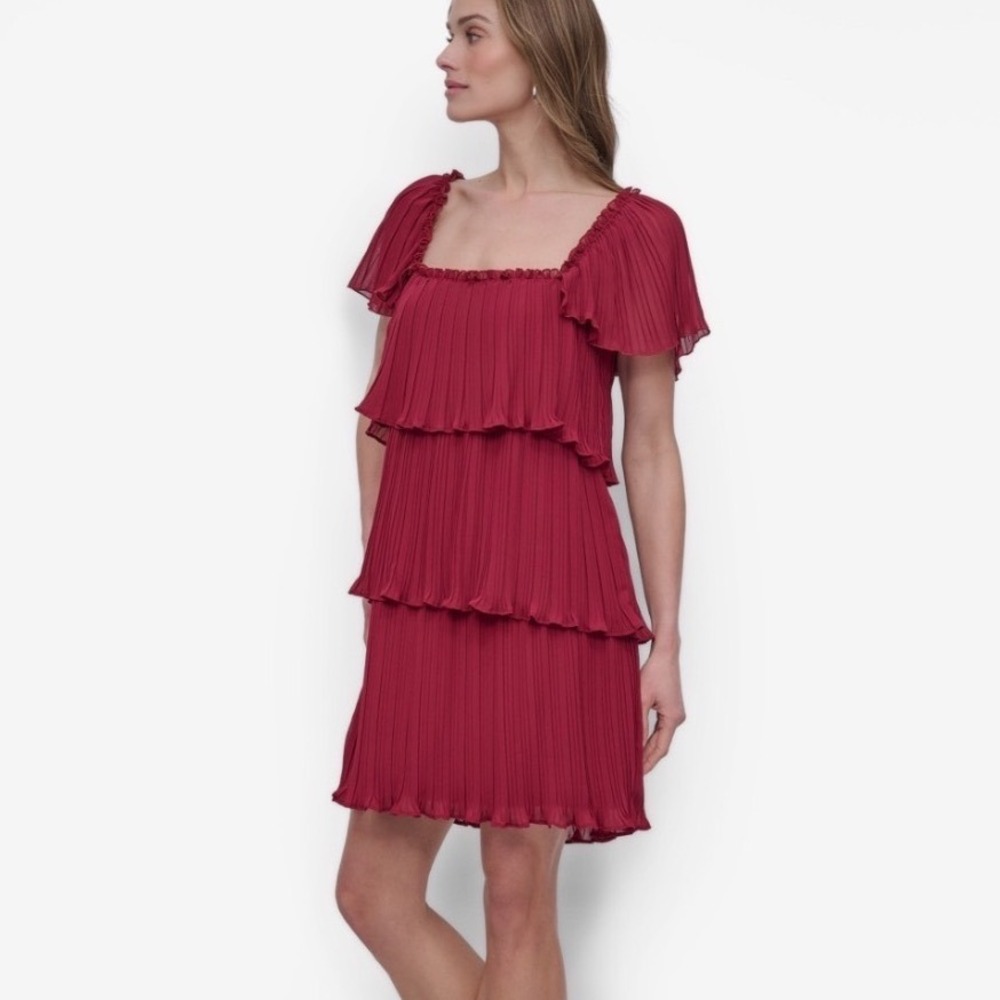 DKNY Tiered Pleated Mini Dress Women 16 NWT Raspberry Red Flutter MSRP $149